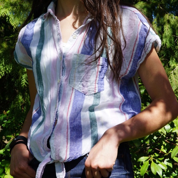 Multi Stripe Tie Hem Button Up Shirt - Picture 1 of 5